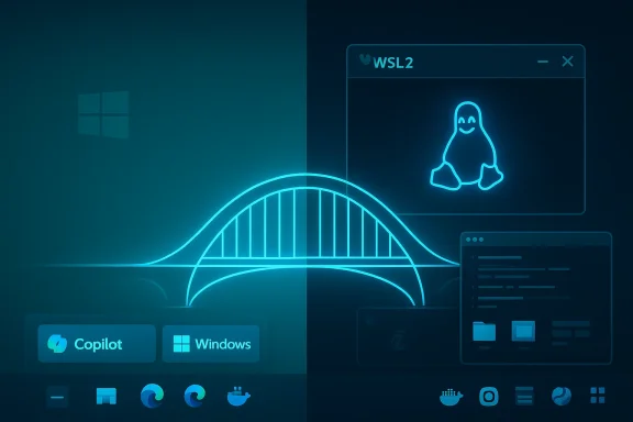 Neon blue split-screen illustration of Windows on the left and Linux/WSL2 on the right.