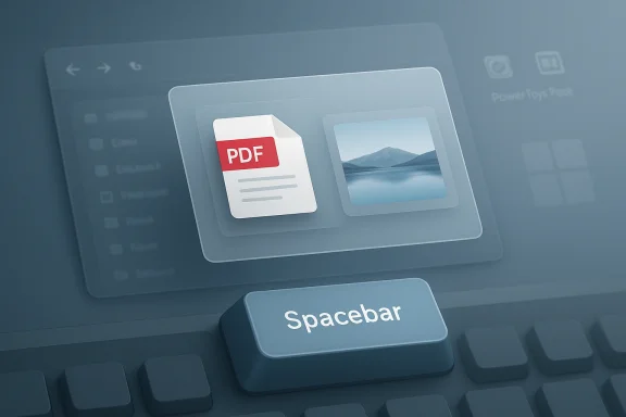 A blue-toned 3D UI panel with a PDF icon beside a photo thumbnail on a keyboard.
