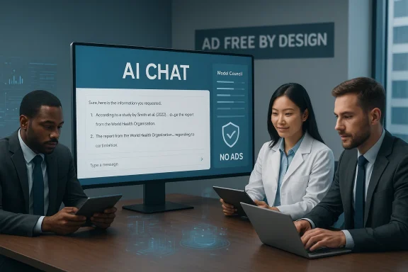 Three professionals review AI chat on a large monitor in a modern office.