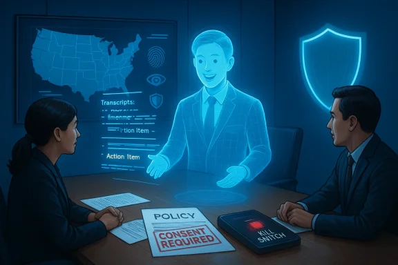 A holographic presenter explains policy and consent to two officials in a security briefing.