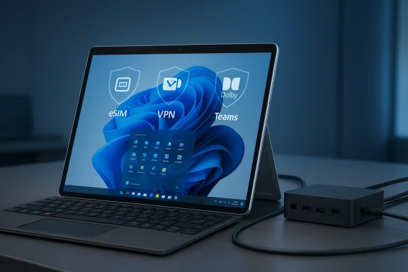Sleek 2-in-1 laptop on a desk, connected to a multi-port USB-C hub.