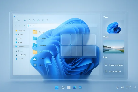 A futuristic blue translucent desktop UI with a Windows-style file explorer and side widgets.