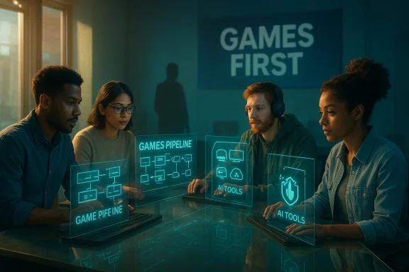 A diverse team collaborates around a glass table with holographic dashboards for games pipeline and AI tools.