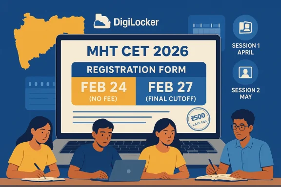 Four students study at a table as a giant laptop shows the MHT CET 2026 registration dates.