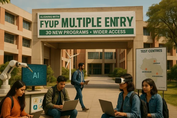 Campus students use laptops and a VR headset beneath a large FYUP Multiple Entry banner.