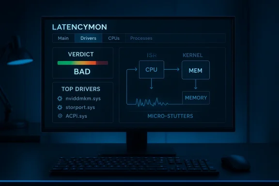 Blue-tinted monitor displays LatencyMon dashboard with CPU, memory, and micro-stutter diagram.