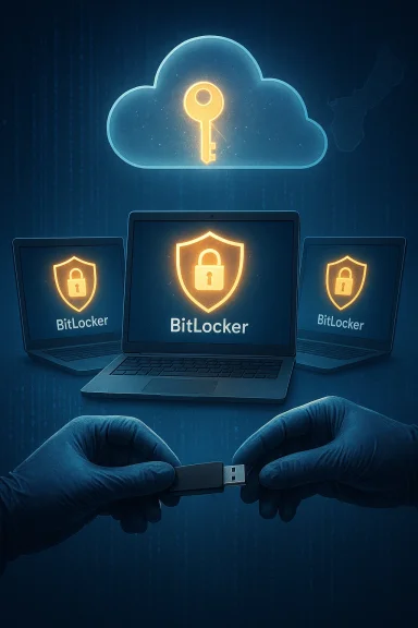 Hands exchange a USB drive as laptops display BitLocker shields under a glowing cloud key.