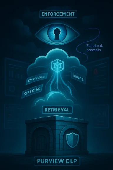 Neon blue infographic of data governance: enforcement, cloud retrieval, and Purview DLP.