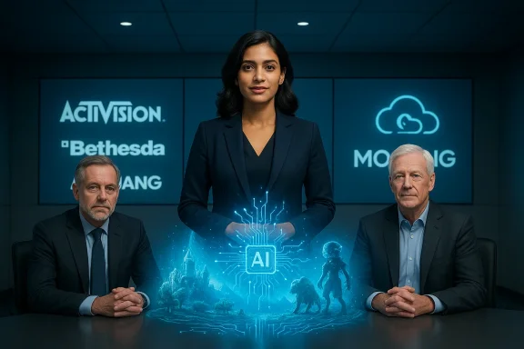 A woman in a navy suit stands with a glowing AI hologram between two seated executives.
