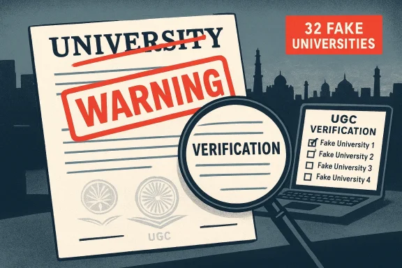 Warning sign on a university document, magnifying glass reveals UGC verification of fake universities.