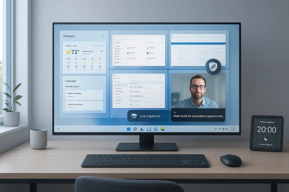 Modern desk setup with a large monitor showing a dashboard and a video call tile.