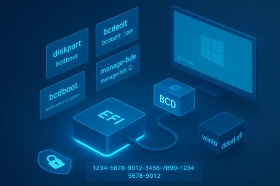 Blue isometric illustration of Windows boot components (BCD, EFI, diskpart).
