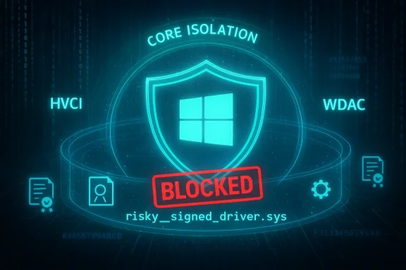 Blue Windows shield illustrating core isolation blocking a risky signed driver. Blue Windows shield illustrating core isolation blocking a risky signed driver.