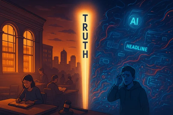 A glowing TRUTH beam splits a warm library scene from a blue AI-driven headlines vortex.