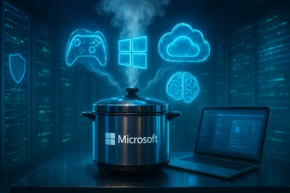 Microsoft-branded pot steams in a data center beneath neon icons of Windows, cloud, gaming, and AI.