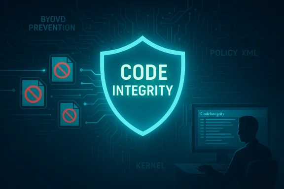 Glowing shield labeled CODE INTEGRITY symbolizes cybersecurity and software integrity. Glowing shield labeled CODE INTEGRITY symbolizes cybersecurity and software integrity.