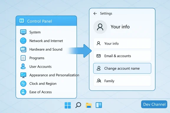 Split-screen UI: Control Panel on the left and Settings on the right, linked by a blue arrow.