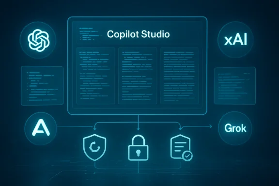 Copilot Studio interface with code panels and security icons. Copilot Studio interface with code panels and security icons.