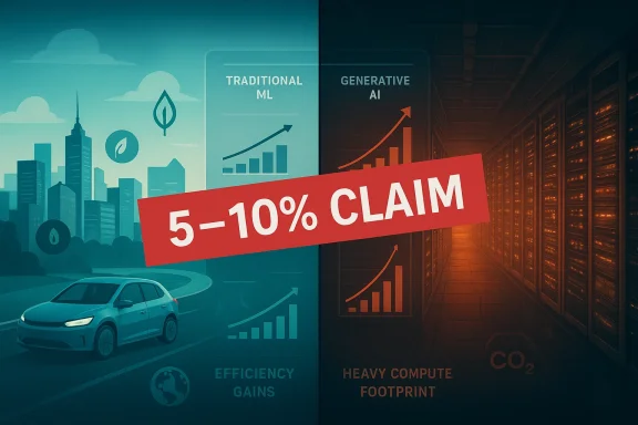 Split scene showing eco-friendly tech on the left and a heavy AI data center on the right, with a red “5-10% CLAIM” banner.