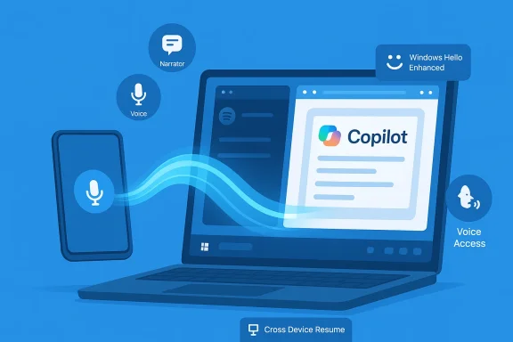 Blue illustration of Copilot on a laptop with voice, narrator icons, and a connected phone.