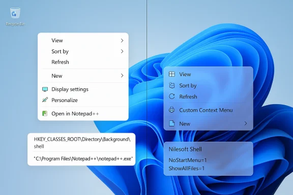 Windows desktop showing two side-by-side context menus: classic left and modern right.