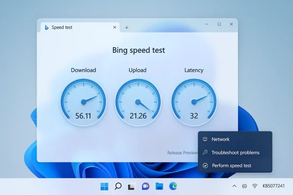 Bing speed test dashboard displaying download, upload, and latency gauges on Windows. Bing speed test dashboard displaying download, upload, and latency gauges on Windows.