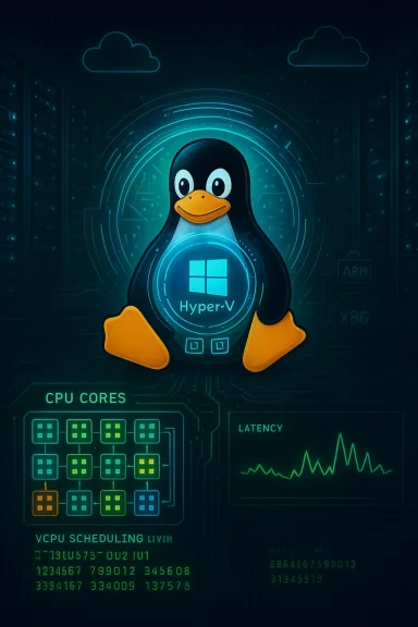 Linux’s Tux penguin hosts a Hyper-V emblem amid a glowing data-center circuit.