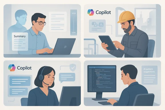 Four panels show people using Copilot tools for summarizing, reviewing, supporting, and coding.