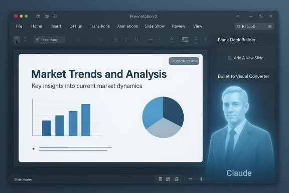 Dark presentation editor shows Market Trends and Analysis slide with bar and pie charts.