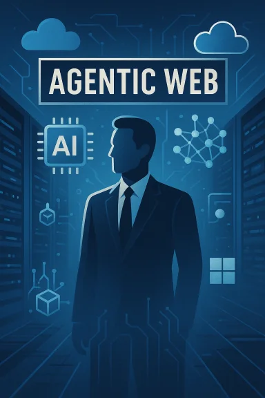 A suited figure stands in a futuristic data center, symbolizing the Agentic Web.