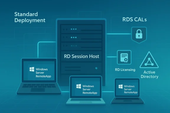 Diagram of standard Windows Remote Desktop deployment with RD Session Host, licensing, CALs, and AD.