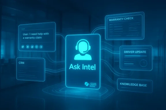 Blue holographic dashboard featuring 'Ask Intel' center card and modules for warranty, updates, and knowledge base.