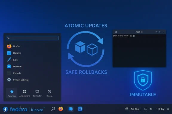 Fedora desktop showcasing Atomic Updates with safe rollbacks and an Immutable shield.