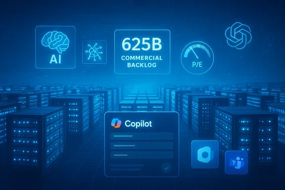 A futuristic data center with holographic AI, a 625B backlog, and Copilot dashboards.