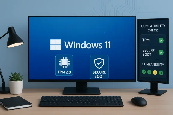 Windows 11 desktop with TPM 2.0 and Secure Boot icons, plus a compatibility check panel.