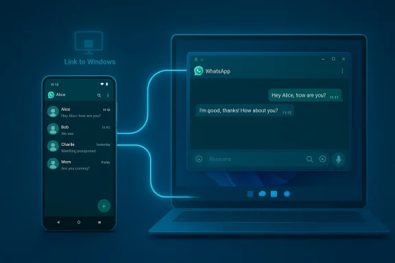Android WhatsApp messages linked to a Windows PC via a glowing connection.