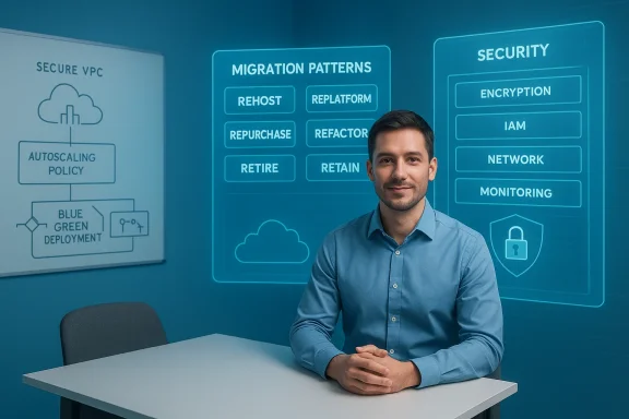 A man sits at a desk in a blue tech office with migration and security diagrams.