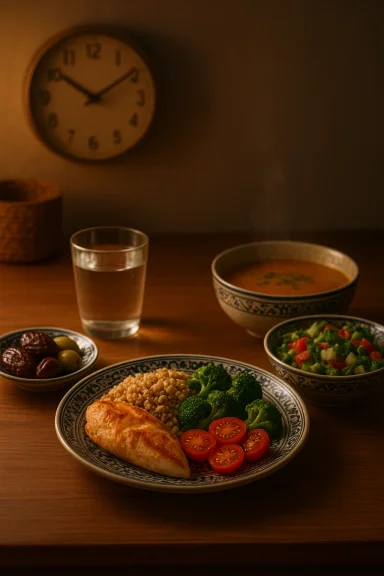 Warm, dimly lit meal: pita, grain, broccoli, cherry tomatoes, side salad, soup, olives, and water.