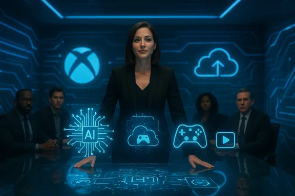 Businesswoman leads a high-tech meeting with holographic AI, cloud, and gaming icons.