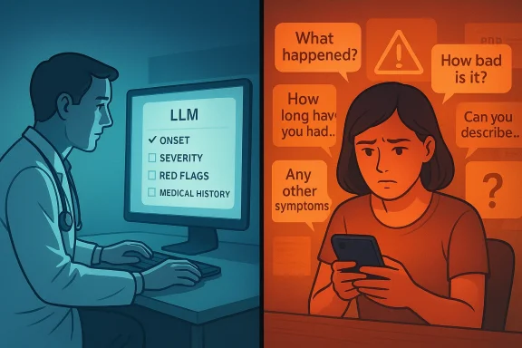 Split scene: doctor uses an LLM checklist while patient asks AI questions about symptoms.