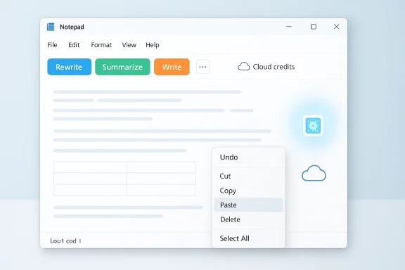 A Notepad-like window with AI tools (Rewrite, Summarize, Write) and a floating Paste menu.