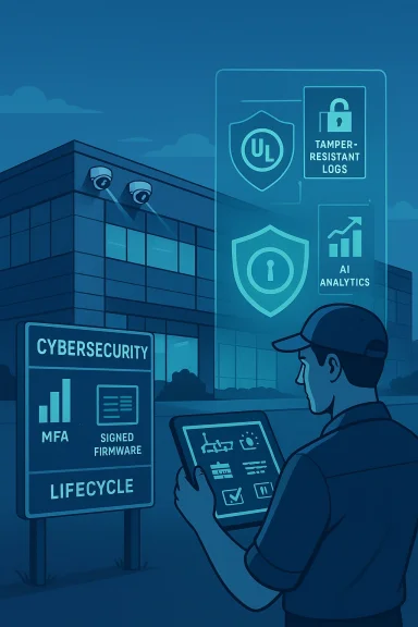 A security professional uses a tablet to monitor cybersecurity dashboards and analytics outside a modern building.