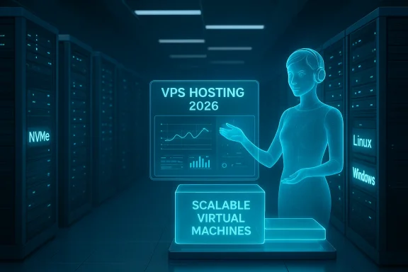 Futuristic holographic assistant highlights VPS hosting and scalable virtual machines.