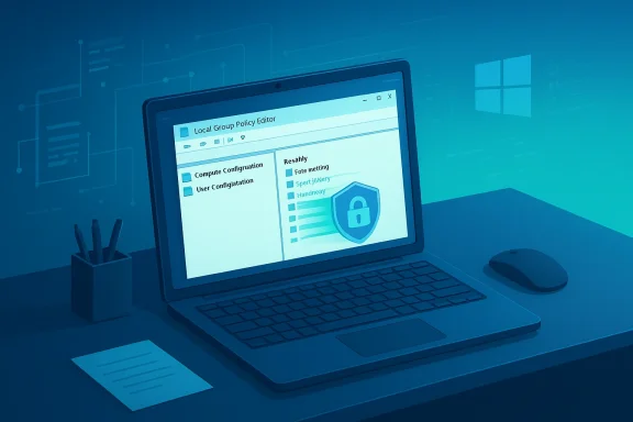 Blue-toned desk setup with a laptop displaying the Local Group Policy Editor and a shield icon.