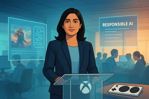 A woman in a blazer speaks at a podium about Responsible AI in a modern, collaborative office.