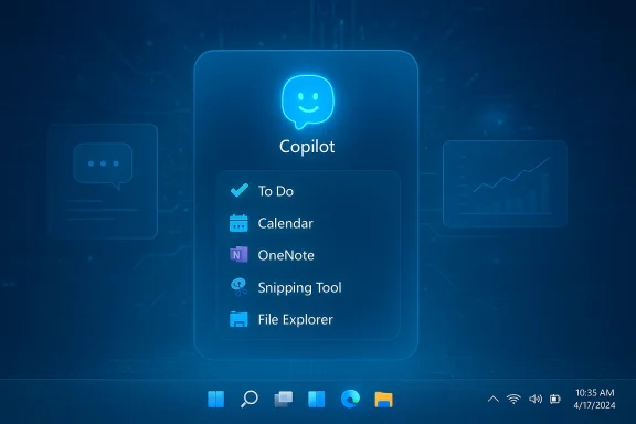 Blue, futuristic Copilot UI showing To Do, Calendar, OneNote, Snipping Tool, and File Explorer.