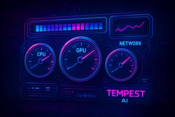 A neon-lit futuristic dashboard showing CPU, GPU, and network gauges labeled Tempest AI.