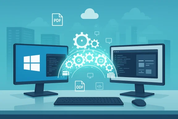 Two computer monitors flank a keyboard as gears form a globe, signaling cloud computing and software development.