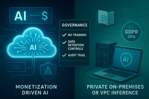 Split view of cloud AI monetization vs. private on-premises or VPC AI inference with governance.