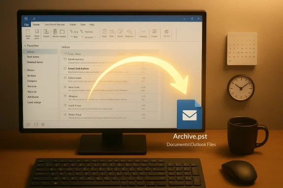 A computer monitor shows an Outlook inbox with a glowing arc pointing to an Archive.pst file icon.